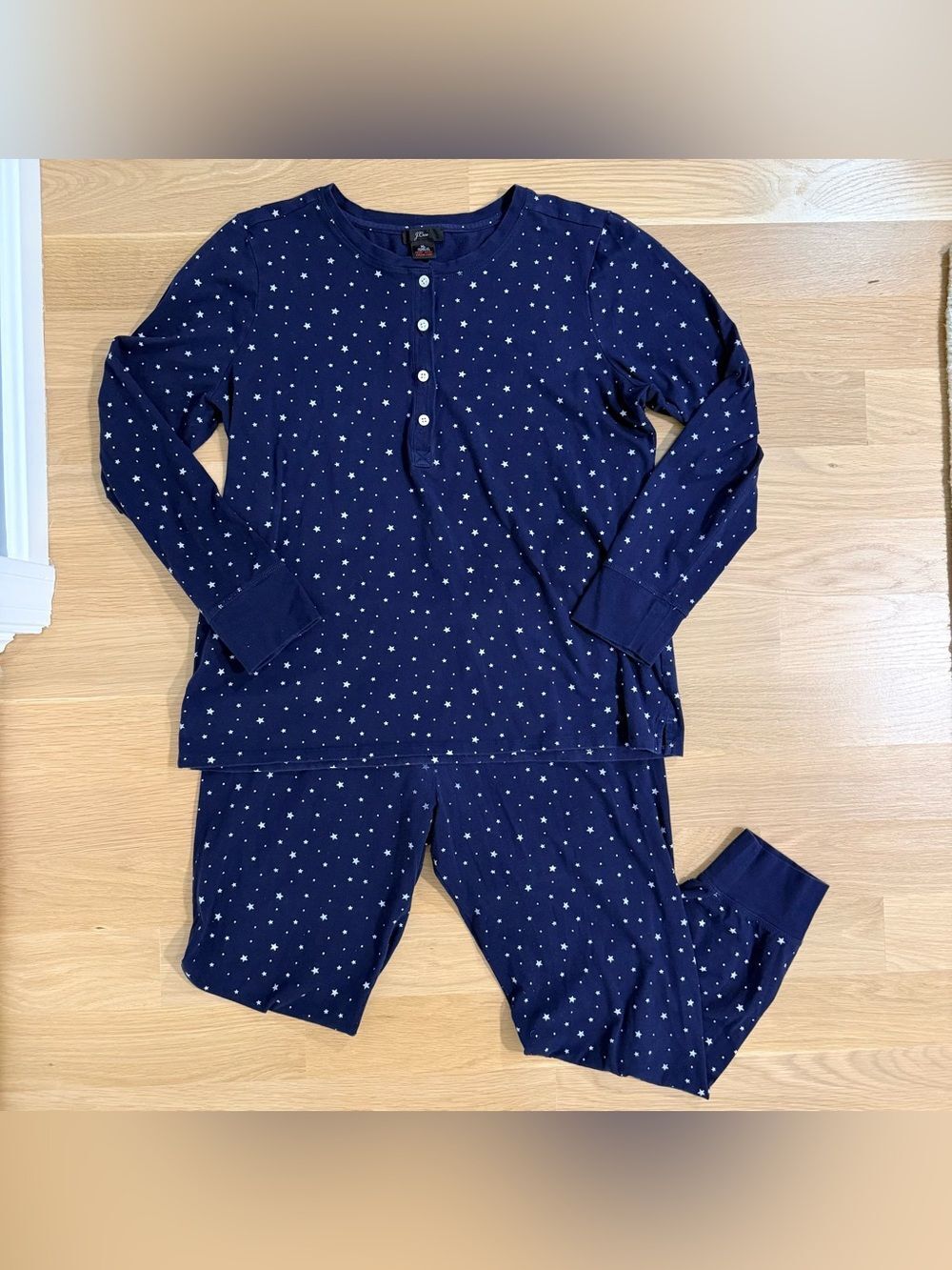 J Crew Women’s Star Print Long Sleeve Pajama Set Navy Blue White XL